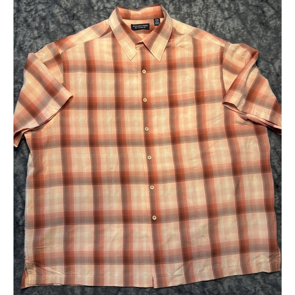 Roundtree & Yorke Men's Big & Tall 2XB Pink Plaid Short Sleeve Button-Up